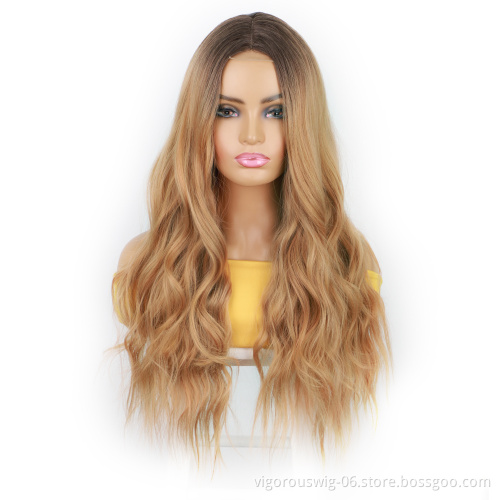 For Black Women Hot Selling Long Body Wave Vendor Ombre Light Blonde Dark Root Heat Resistant Fiber Synthetic Lace Hair Wigs